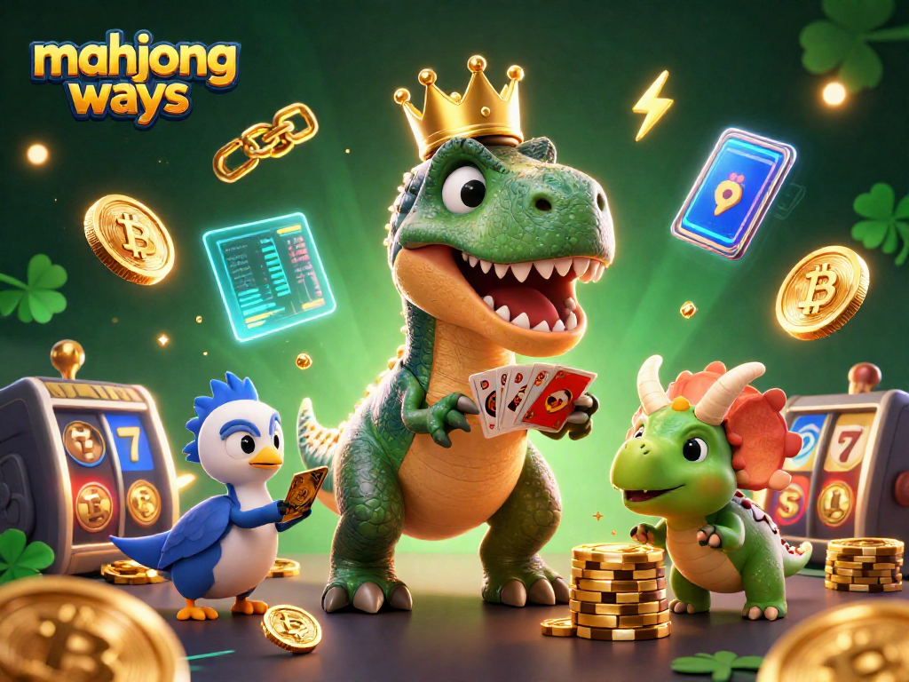Engage with mahjong ways as the T-Rex and friends shuffle cards and stack chips in this vibrant casino scene.