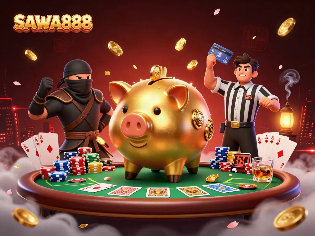 Experience SAWA888: An action-packed casino scene with dynamic characters and poker elements.