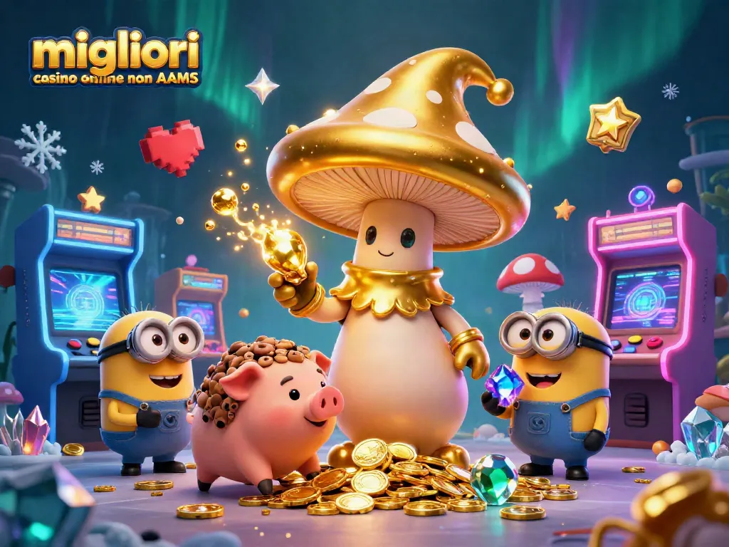 Gioca nei migliori casino online non AAMS con un mago dorato e minion di funghi saturi di dettagli e glitter.