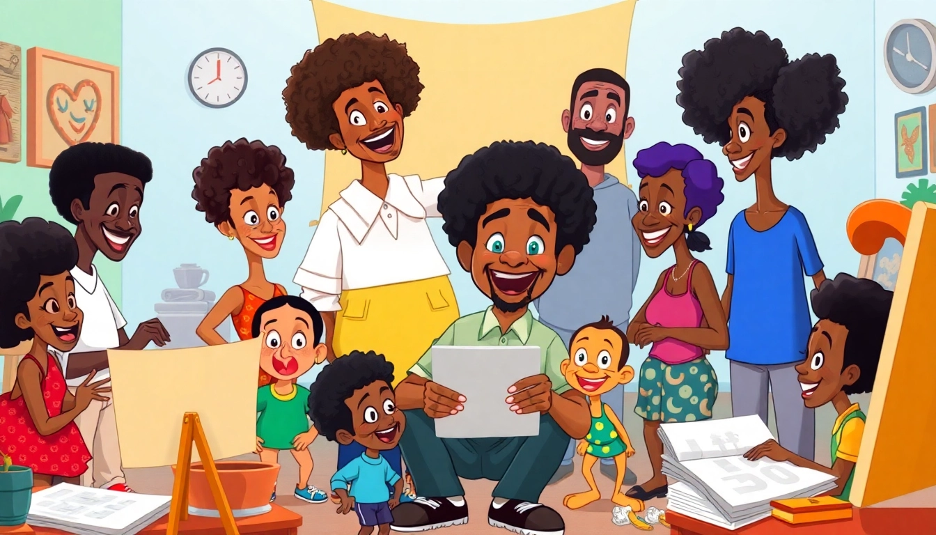 A vibrant scene celebrating African American cartoons with diverse characters and animation elements.