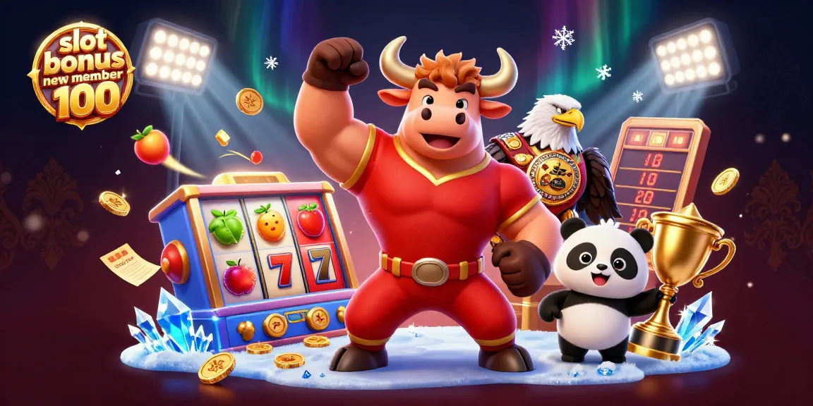 Experience the excitement of slot bonus new member 100 in this vibrant 3D casino illustration.