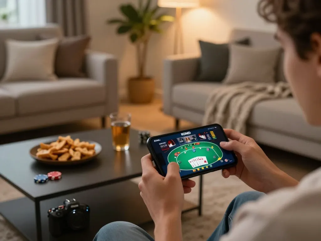 KOINID user enjoying mobile gaming experience on the sofa with smartphone, enhancing online strategy.