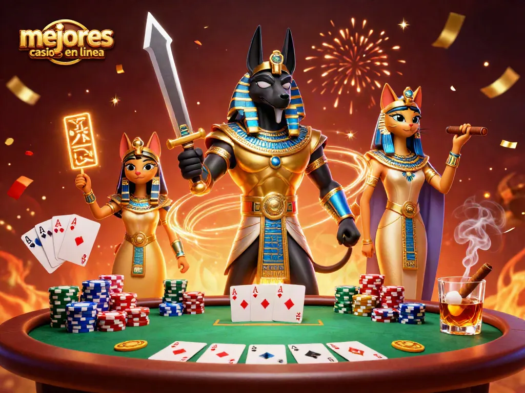 Mejores casinos en línea: Anubis y Bastet celebrando con fichas y cartas en un vibrante entorno de casino.