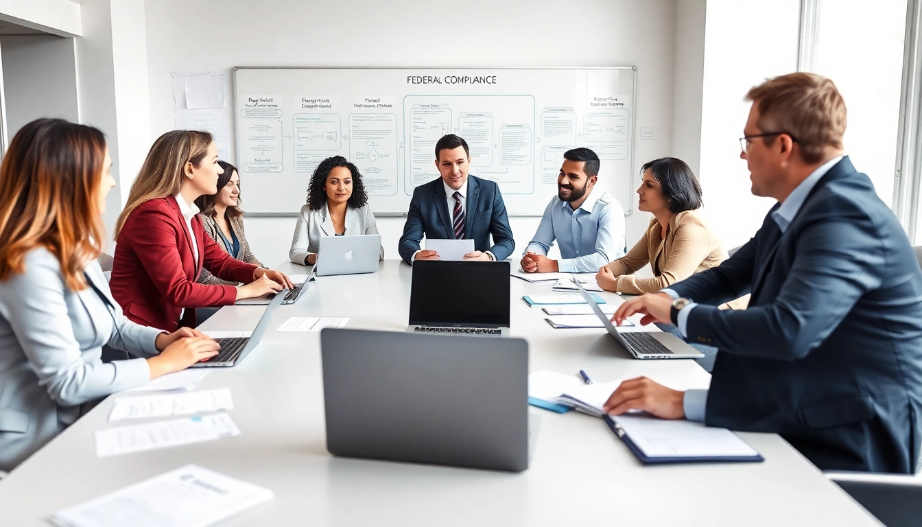 Engaging professionals discussing registration and certification in Federal databases in a modern office.