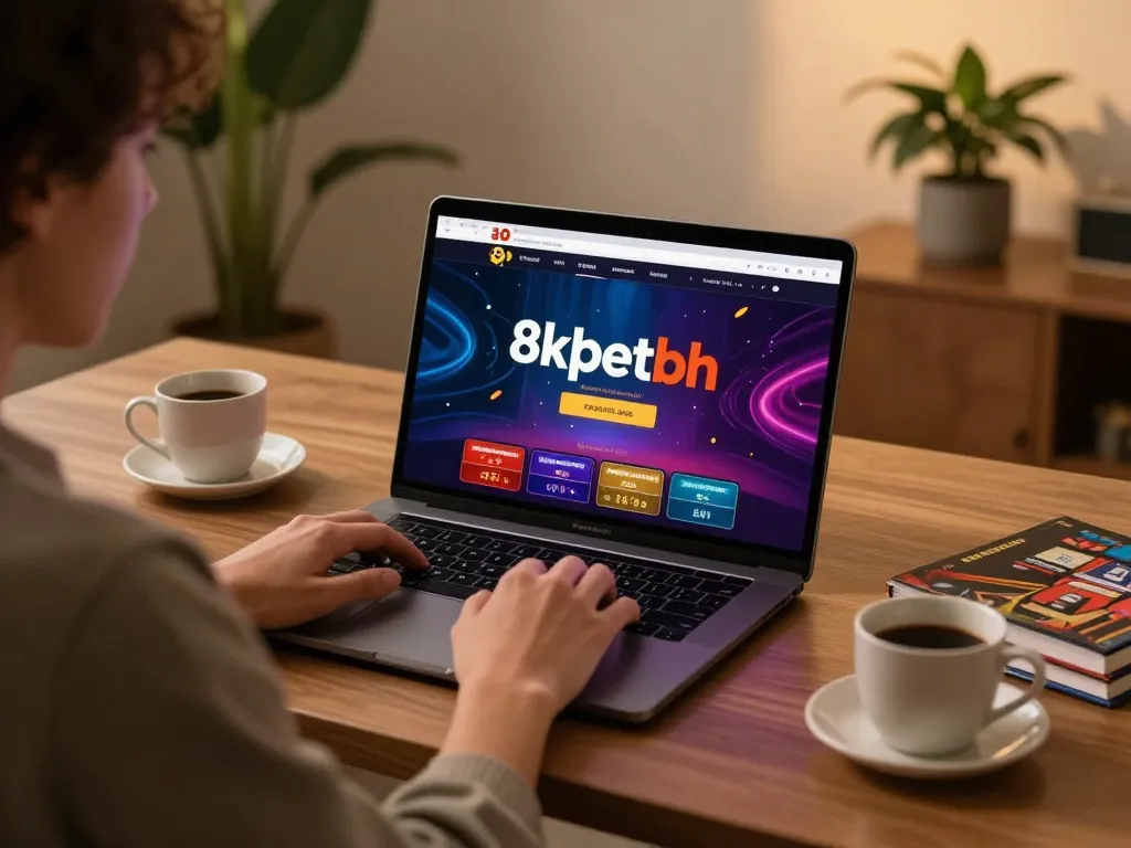 Engaging with 8kbetbh online gaming site, enjoying responsible gambling from home.