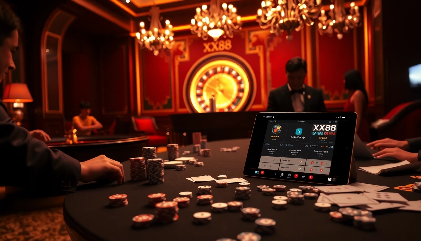 Players enjoying an exciting game at XX88 casino with poker chips and cards on a luxurious table.