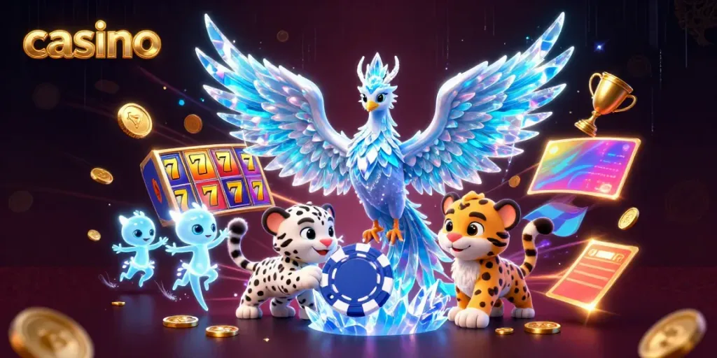 Experience the thrilling casino atmosphere with a vibrant illustration featuring an ice phoenix, playful leopard cub, and dynamic slot elements.