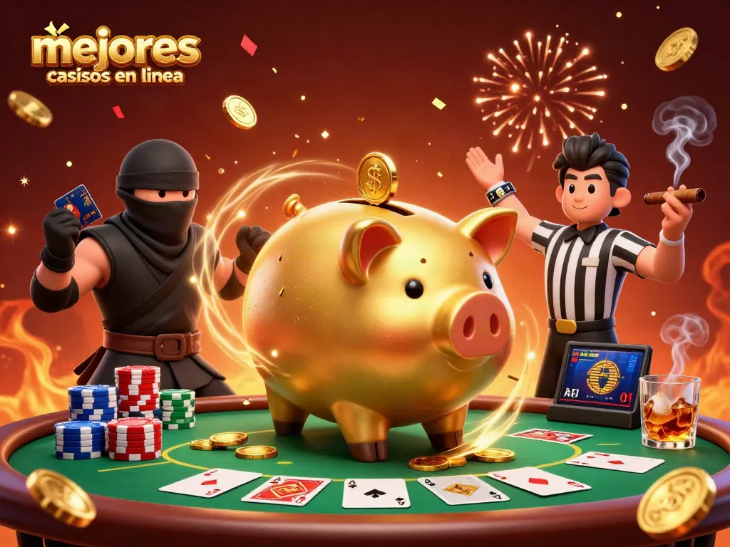 Mejores casinos en línea: Ilustración de un cerdo gigante de oro y sus oponentes en una mesa de póker.