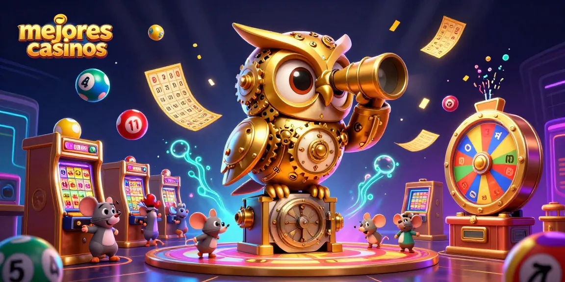 Visualiza los mejores casinos mientras un búho mecánico observa una feria de juegos llenos de emoción y acción.