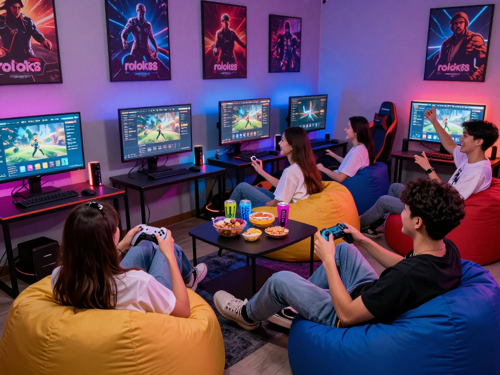 Engaged gamers enjoying rokok88 in a vibrant and inviting gaming room.