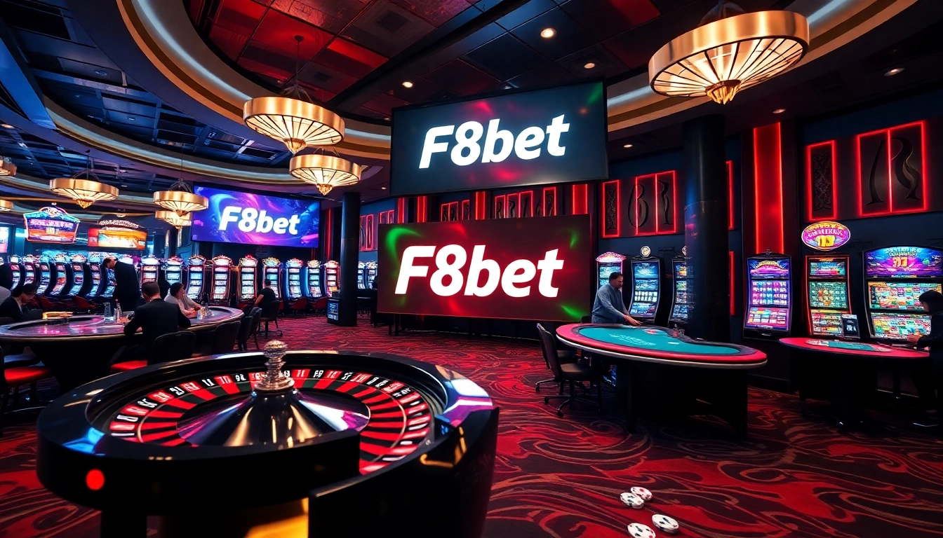 Experience thrilling gameplay at F8bet's luxurious casino tables and vibrant gaming elements.
