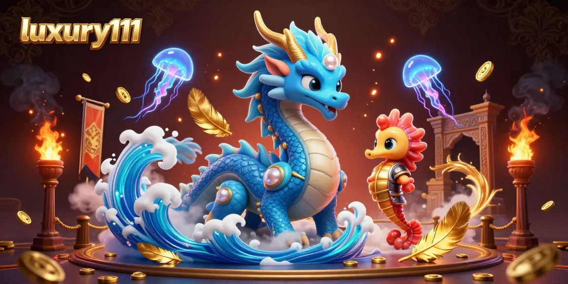 Experience thrilling gameplay with luxury111 as a dragon, seahorse knight, and jellyfish battle in a vibrant casino scene.
