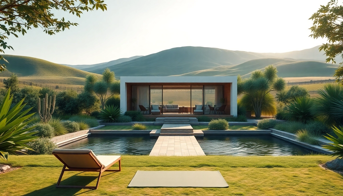 Explore the calming environment of a wellness retreat with lush greenery and serene architecture.
