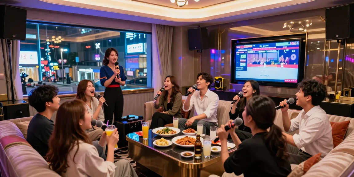 Enjoying a lively night at https://www.gangnamtune.com/ with friends singing in a luxurious karaoke room in Gangnam.