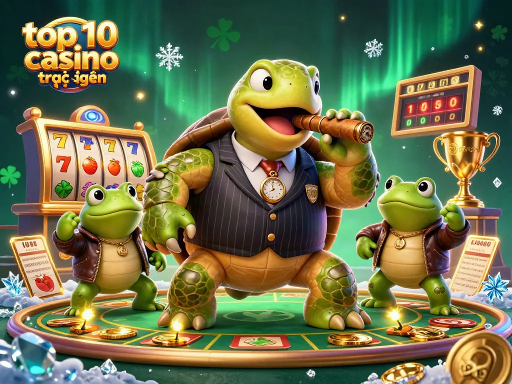 Top 10 casino trực tuyến với rùa khổng lồ mặc vest, kèm theo 2 ếch bảo vệ trên sòng bạc.