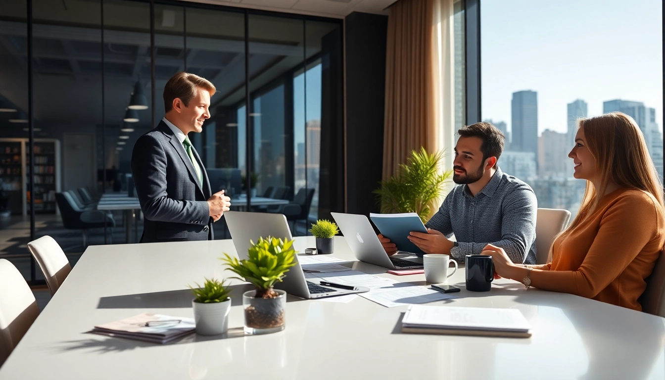 Engaging real estate agent consulting with clients in a professional office setting.