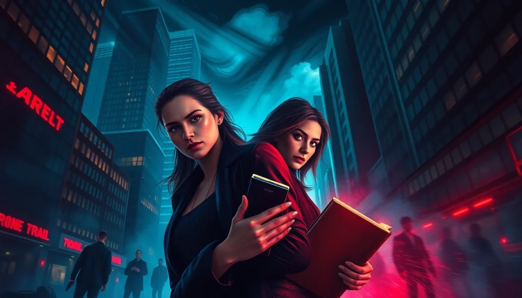 Dynamic scene from a fast-paced thriller showing an intense protagonist in an urban setting.