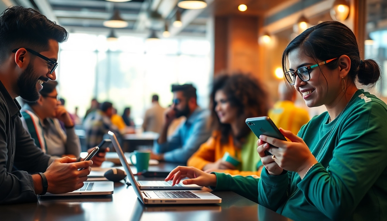 Engaged users actively participating in sports betting in India through apps while enjoying a lively café atmosphere.