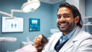 Dentist examining a patient in a modern clinic with bright lighting and clean tools.