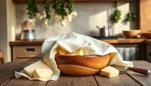 Kaasdoek afgebeeld op een houten tafel met vers gemaakte kaas en een kaasmessen, sfeervol en huiselijk.