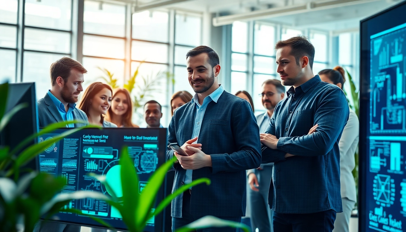 Engineers showcasing technology advancements in a collaborative office with digital screens.