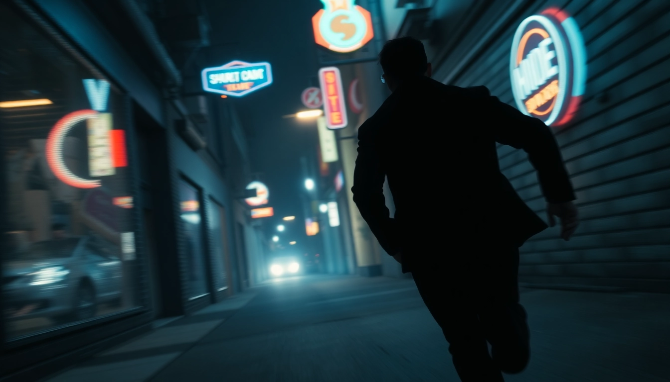Fast-paced thriller scene with a shadowy figure in urgent motion through an urban alley.