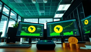 Visual representation of dogecoin cloud mining showcasing modern digital workspace with mining software and cryptocurrency.