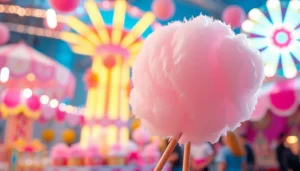 Geniet van wafel katoen met kleurrijke achtergrond op een levendig kermisfeest.