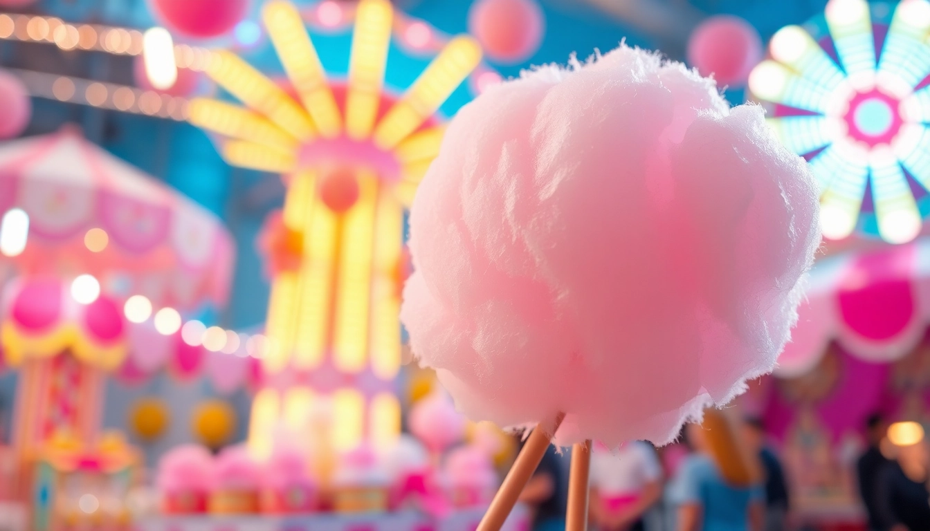 Geniet van wafel katoen met kleurrijke achtergrond op een levendig kermisfeest.