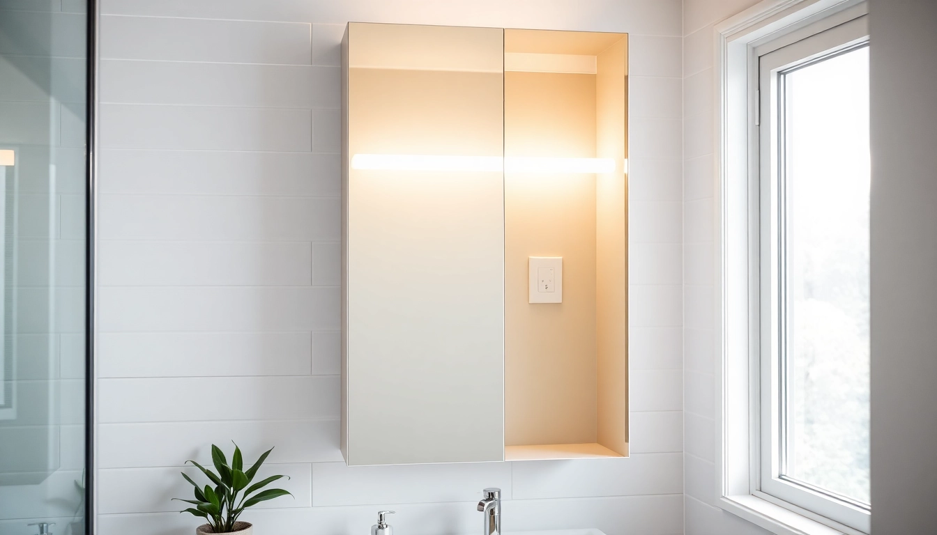 Praktischer spiegelschrank mit led Beleuchtung im modernen Badezimmerdesign.