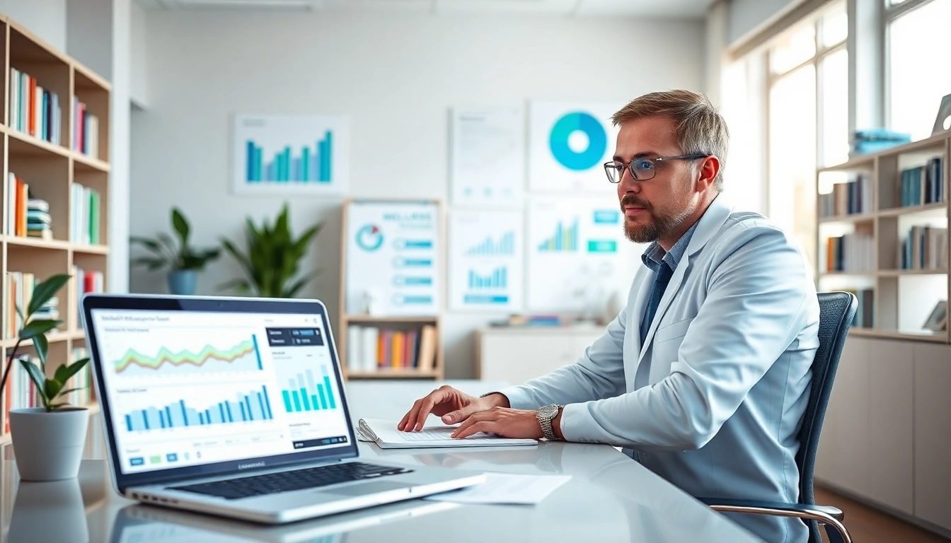 Examine healthspan trends data with a professional in a modern office, showcasing wellness metrics.