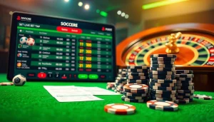 Bong da lu betting interface with live scores, poker chips, and a roulette wheel illustrating an exciting gambling experience.