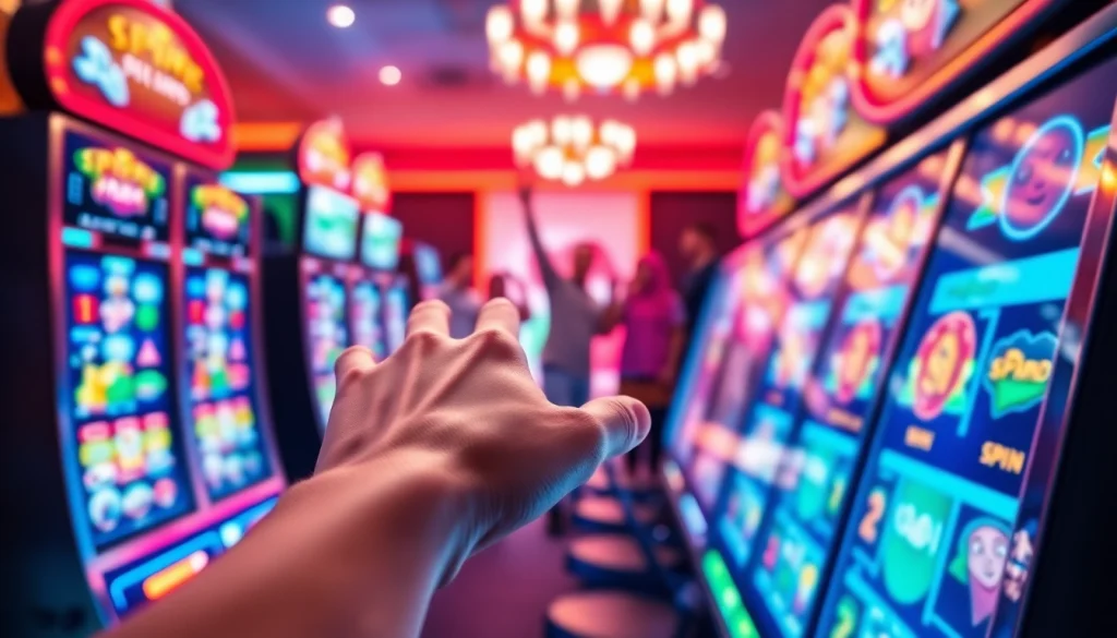 Permainan slot pulsa dengan suasana hidup penuh keceriaan dan pemain yang bersenang-senang.