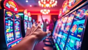 Permainan slot pulsa dengan suasana hidup penuh keceriaan dan pemain yang bersenang-senang.