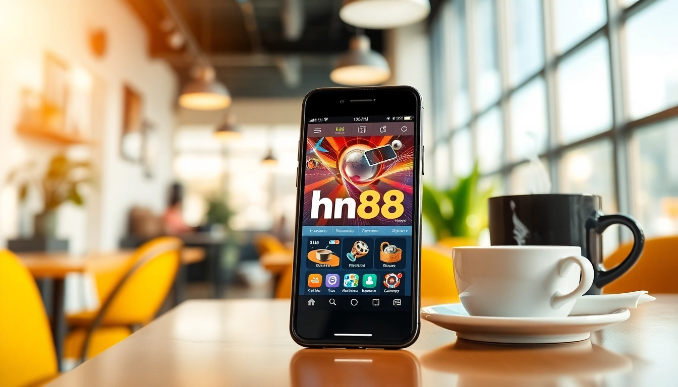 Interactive phone display of the hm88 app in a cozy café setting.