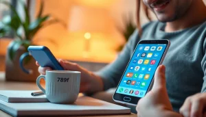 Engaging user interacting with the 789f app on a modern smartphone in a cozy setting.