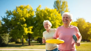 Enhancing healthspan: active elderly couple playing frisbee in a sunny park.