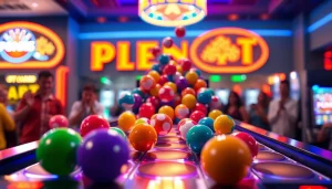 Permainan plink slot yang menarik dengan bola berwarna-warni jatuh dari piramida.