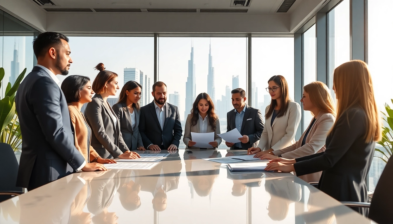 Business Consultants in Dubai engaging with clients in a modern office setting, emphasizing collaboration.