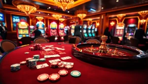 Experience thrilling gaming moments at https://shbet.law/, with an elegant poker table showcasing vibrant chips and cards.