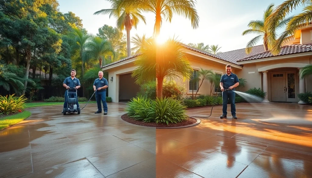 Concrete cleaning in Kissimmee, Florida, showcasing a team professionally pressure washing a driveway, with vibrant greenery.