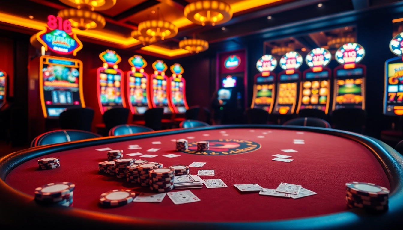 High-stakes poker action at an elegant casino table inspired by https://8kbetal.com/ with vibrant chips and cards.