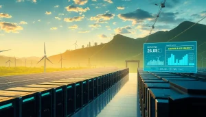 Trusted cloud mining sites showcased through a modern facility powered by renewable energy, featuring mining rigs and digital interfaces.