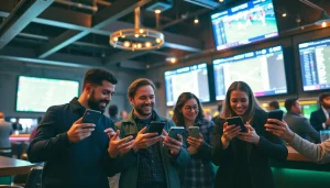 Engaged bettors analyze sportsbooks in Oklahoma at a bustling sports bar with lively atmosphere.