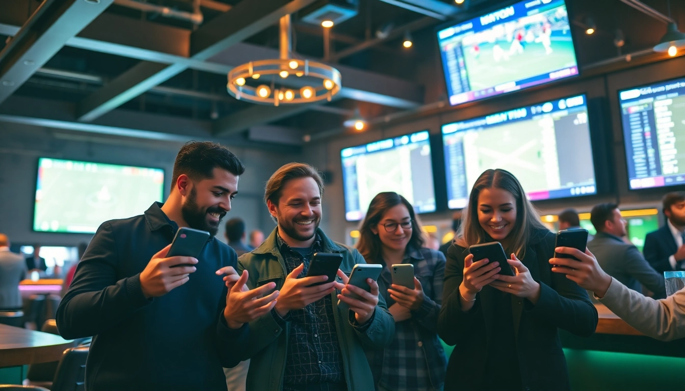 Engaged bettors analyze sportsbooks in Oklahoma at a bustling sports bar with lively atmosphere.