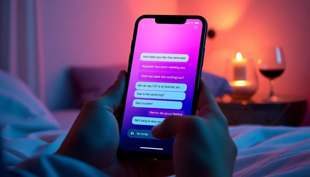 Sexting AI chat interface on a smartphone in an intimate setting with warm lighting.