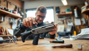 Explore a detailed view of a forced reset trigger for sale on a wooden workbench, surrounded by tools.