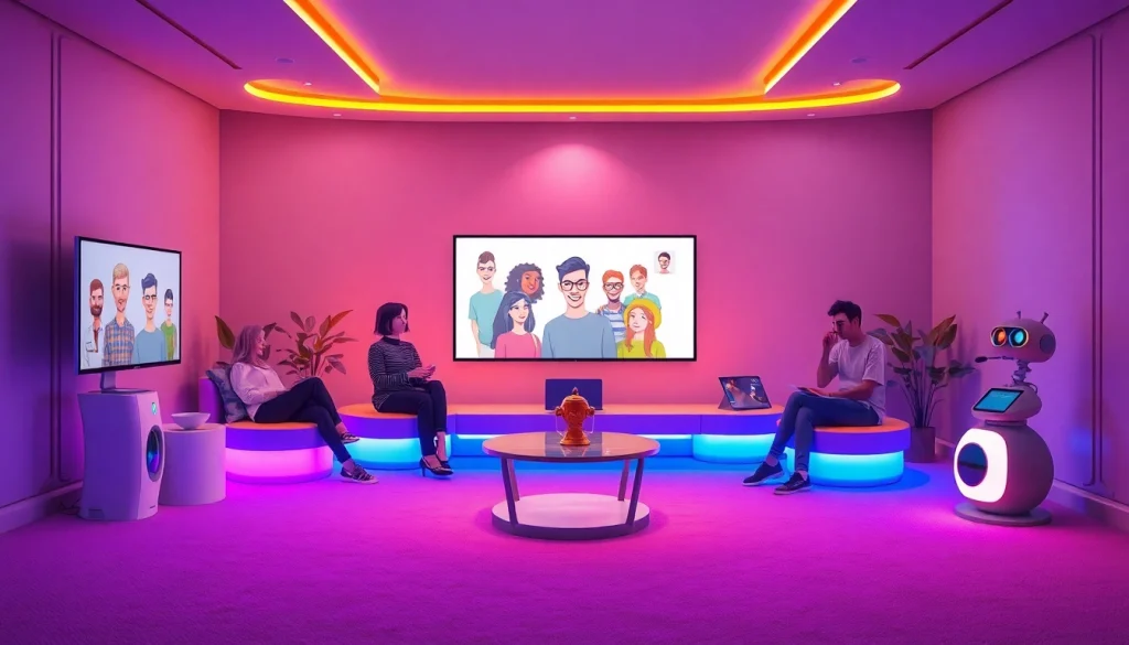 Engaging AI sex interactions in a cozy, innovative setting, showcasing diverse characters and technology.