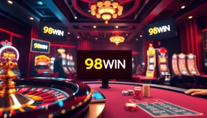 Exciting online gambling scene featuring 98WIN logo, roulette, slot machines, and poker chips.
