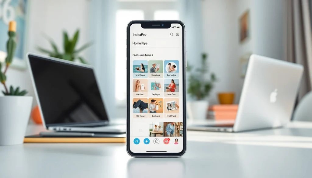 Explore the innovative features of instapro apk on a modern smartphone in a stylish office setting.